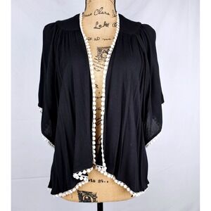 New Directions Petite Black Rayon Pom Pom Trim Kimono Cardigan Top PS